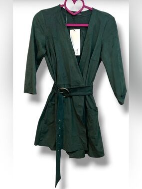 NWT Zara Deep Forest Green Suede Wrap Romper with Gold Belt